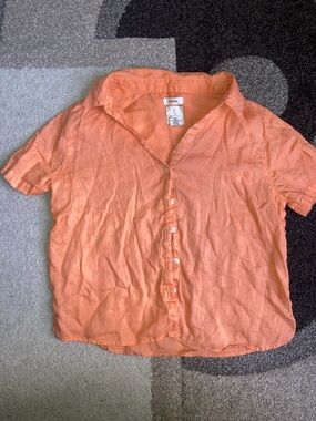 Casual Orange Linen Button-Down Shirt for Women